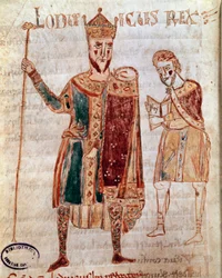 Porträtt av Ludvig I den fromme (778-840), Frankrikes kung Manuskriptsida (ms. 4) "Codex Legum Longobardorum" (eller Langobardorum) som beskriver lagarna i det langobardiska riket som upprättats av kung Rothari