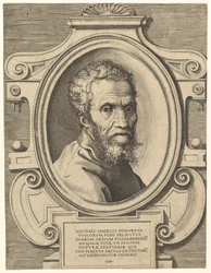 Porträtt av Michelangelo, pub. C. 1564 (gravyr)