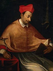 Porträtt av helige Carlo Borromeo (1538-1584), italiensk ärkebiskop och kardinal, målning av anonym konstnär, San Carlo-kyrkan, Arona, Piemonte, Italien