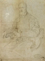 Porträtt av Tizian (Tiziano Vecellio) (ca 1485-1576) Romersk skola (kol på papper)