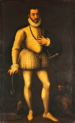 Porträtt av en gentleman, i full längd, iklädd en broderad vit jerkin, en mantel och ett svärd, ca 1580