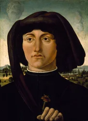 Porträtt av en ung man med en rosa blomma, ca 1475-85 (tempera på trä)