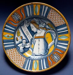 Porträtt av en ung dam. Keramiktallrik från Deruta, Italien. Omkring 1520. Museo Nazionale del Bargello, Florens, Italien