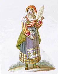 Porträtt av en ung kvinna från Pietracanale i regionen Abruzzo, i traditionell dräkt, Italien. 1800-talet. Museo Nazionale di San Martino, Neapel