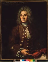 Porträtt av den italienske tonsättaren Giuseppe Torelli (1658-1709)