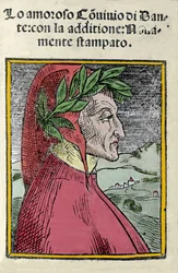 Porträtt av den italienske poeten Dante Alighieri (1265-1321). Gravyr. Frontispice av "" Il convivio "" från 1554