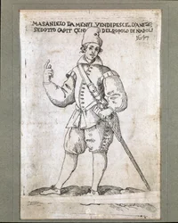 Porträtt av den napolitanske fiskaren och revolutionären Masaniello (1623-1647) (porträtt av Masaniello, napolitansk fiskare och ledare för upproret mot det habsburgska styret i Neapel 1647). Gravyr från 1600-talet. Museo Nazionale di San Martino, Neapel