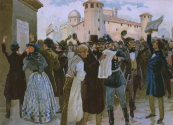 Tillkännagivande av resultatet av folkomröstningen den 4 mars 1848 inför Palazzo Reale i Turin, illustration från ett album om Risorgimentos historia gjord för chokladen Talmone, sent 1800-tal