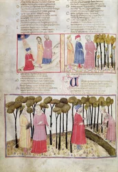 Purg.XXVIII f.47v Virgil tar avsked och den gudomliga skogen, från Den gudomliga komedin av Dante Alighieri (1265-1321)