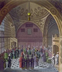 Mottagande av de västra ambassadörerna av sultanens storvesir i Konstantinopel, ca 1820 (färgstick)