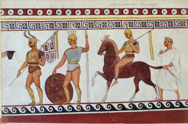 Rekonstruktion av gravmålning från Paestum föreställande grekiska fotsoldater och kavalleri (se även 186246, 119488 & 444298)
