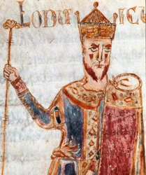 Representation av Ludvig I (778-840), son till Karl den Store"" Miniatyr hämtad från "" Codex Legum Longobardorum"" (eller Langobardorum) som beskriver lagarna i det langobardiska riket som upprättats av kung Rothari