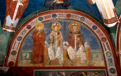 Representation av Saint Stephen, kristen martyr, Saint Thomas Becket (1118-1170), ärkebiskop av Canterbury och Saint Nicholas av Myra eller Bari (270-345) Anonym fresk (1200-talet) Nedre kyrka. Klostret Saint Benedetto (Sacro Speco), Subiaco (Rom