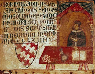 Representation av en kamerlingvist som sitter på sitt kontor Anonym målning på trä av en Biccherna (omslaget till Sienas bokföringsregister) 1250. Siena Archivio di Stato, Italien