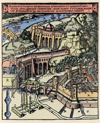 Representation av en akvedukt. Coloree gravyr från "" De Architectura"" av Vitruva (1:a århundradet f.Kr.) - Upplaga av Gottardo da Ponte, Come