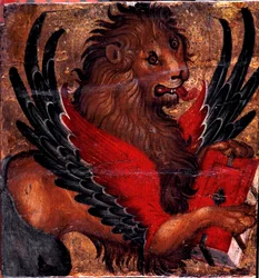 Representation av Lejonet av Markus. Målning på trä av venetiansk konstnär. 1400-talets sön. 34x34 cm Venedig, Museo Correr