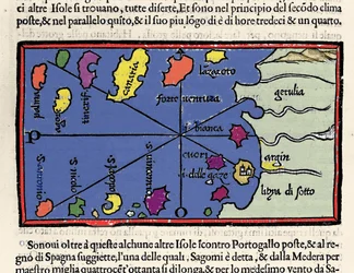 Representation av öarna i Kap Verde. Isolario (karta över öar) av Benedetto Bordone. Venedig 1547