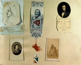 Risorgimento: collage-tavla runt den italienske patrioten Giuseppe Garibaldi (1807-1882). Rom, Risorgimentos museum