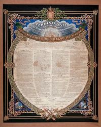 Risorgimento: författningen som proklamerades av kung Ferdinand II av Bägge Sicilierna (1810-1859) år 1847. Neapel, Museo Nazionale di San Martino, Italien