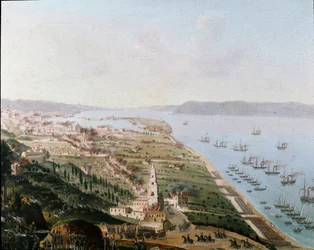 Risorgimento: Ferdinand II av Bägge Siciliernas bourbonska arméer i Messina på Sicilien i augusti 1848 under återerövringen av Sicilien efter upproren. Anonym målning. Museo Nazionale di San Martino, Neapel
