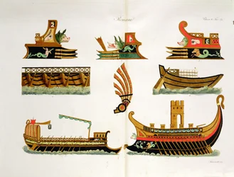Romerska skepp med detaljer av galjonsfigurer, plansch 23, klass 5 ur Del I av Nationernas historia, graverad av Simonetti