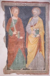 Sankt Peter och Paulus, mitten av 1300-talet från utsidan av kyrkan San Salvatore (fresco)