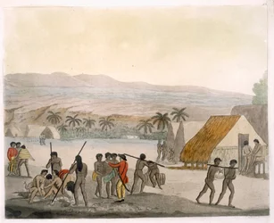 Sandwichöarna - en västerlänning som förhandlar om butiker, skylt 92 från Le Costume Ancien et Moderne, av Jules Ferrario, publicerad ca 1820-30-talet