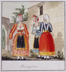 Sardinska kvinnor i kostymer från Campidano, tryckt ms.258, Luzzetti Collection
