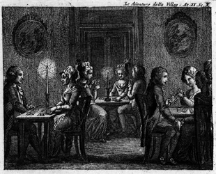 Scen 10 i akt II av det komiska stycket "" The avventure della villeggiatura"" (Stadens äventyr) (1756) av Carlo Goldoni (1707-1793): spelbord. Gravyr av 1700-talet