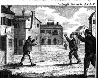 Scen 10 i akt I av det komiska stycket "" Le baruffe chiozzotte"" (Baroufe a Chioggia) (1762) av Carlo Goldoni (1707-1793). Gravyr av 1700-talet