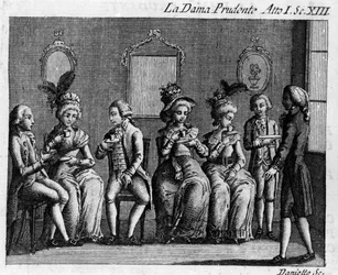 Scen 13 i akt I av det komiska stycket "" La dama prudente"" (The prudent wife) (1751) av Carlo Goldoni (1707-1793). Gravyr av 1700-talet