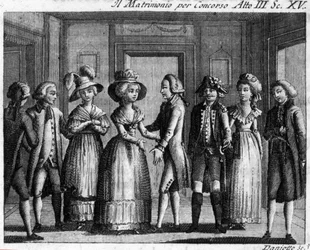 Scen 15 i akt III av det komiska stycket "" Il matrimonio per concorso"" av Carlo Goldoni (1707-1793). Gravyr av 1700-talet.