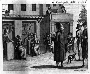 Scen 1 i akt I av det komiska stycket "" Il ventaglio"" (The eventel) (1764) av Carlo Goldoni (1707-1793). Gravyr av 1700-talet