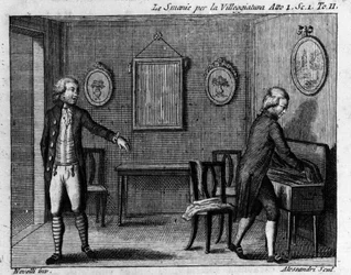 Scen 1 i akt I av det komiska stycket "" Le smanie per la villeggiatura"" (La ville) (1761) av Carlo Goldoni (1707-1793). Gravyr av 1700-talet.