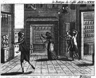 Scen 23 i akt II av seriestycket "" La bottega del caffe"" (Kaféet) (1750) av Carlo Goldoni (1707-1793): spelbord. Gravyr av 1700-talet