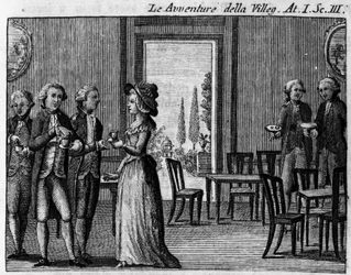 Scen 3 i akt I av det komiska stycket "" The avventure della villeggiatura"" (Stadens äventyr) (1756) av Carlo Goldoni (1707-1793). Gravyr av 1700-talet