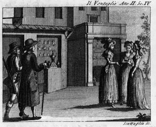 Scen 4 i akt II av det komiska stycket "" Il ventaglio"" (The eventel) (1764) av Carlo Goldoni (1707-1793). Gravyr av 1700-talet