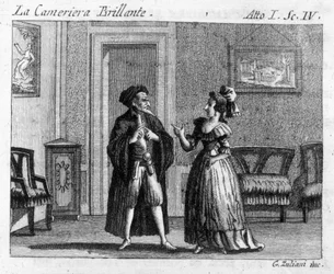 Scen 4 i akt I av det komiska stycket "" La cameriera brillante"" (Den briljanta hembiträdet) (1754) av Carlo Goldoni (1707-1793): spelbord. Gravyr av 1700-talet