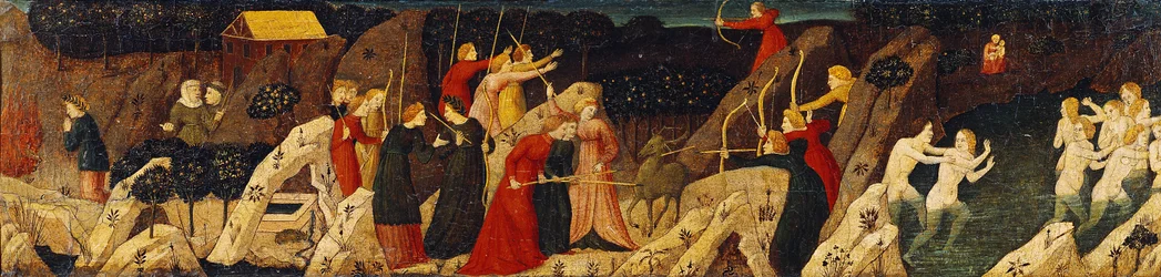 Scen av en strid med pilbågar och jakten (olja på panel)