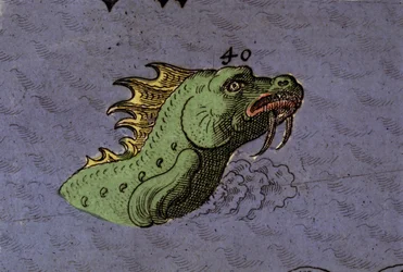 Sjömonster: representation av en havsorm. Detalj av en karta över Atlas of Urbano Monte
