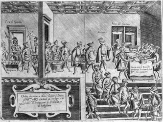 Tjänstgöring av kardinalerna under en konklav. Gravyr från "Opera", bok om gastronomi uppdelad i 6 delar, av Bartolomeo Scappi, personlig kock av påven Pius V. Venedig