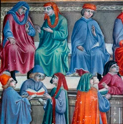 Sienesiska köpmän. Detalj av en miniatyr hämtad från Statuto della Mercanzia”, manuskript av handelslagstiftning i Siena. 1342. Statsarkivet i Siena.