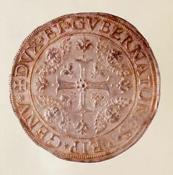 Silvermynt från Genua (Genes) med korset. 1670. Diam. 5,8 cm Neapel, museo archeologico