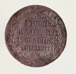Silver Ecu från Milano. 1800-06-16. Diam 3,9 cm Neapel, arkeologiskt museum