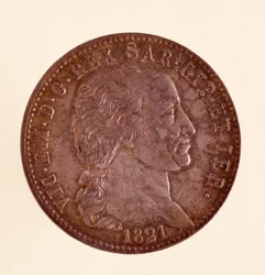 Italienskt silvermynt (ecu) från Sardiniens kungarike: Vittorio Emanuele I:s (Victor Emmanuel I) regeringstid (1759-1824). 1821. Diam. 3,8 cm Neapel, museo archeologico