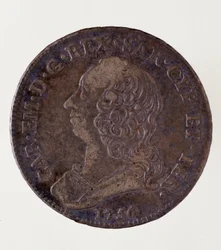 Italienskt silvermynt (halv ecu) från kungariket Sardinien: Reign of Carlo Emmanuel III of Savoy (1701-1773). 1756. Diameter. 3,7 cm Neapel, arkeologiskt museum