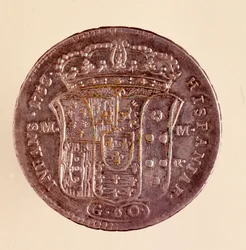 Silverpiastra från Neapel: Karl III av Spaniens regeringstid (1716-1788). 1750. Diameter. 4 cm Neapel, arkeologiskt museum