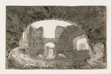 Sketch of the Baths of Caracalla, tidigt 1800-tal (penna och brunt bläck med grå tvätt över svart krita)