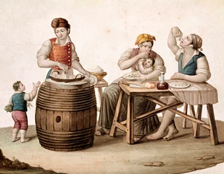 Litet napolitanskt yrke: en makaroniförsäljare, bredvid honom en familj vid ett bord som äter med händerna - (Gammalt yrke: makaroniförsäljare och kunder som äter italiensk pasta). 1800-talet. Museo Nazionale di San Martino, Neapel