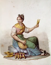 Gammalt napolitanskt yrke: kvinnlig försäljare av grillad majs, 1800-talet, Museo Nazionale di San Martino, Neapel